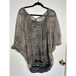 BKE Boutique Sheer Print Dolman Blouse Black Lace Back Antique Buttons S/M Boho